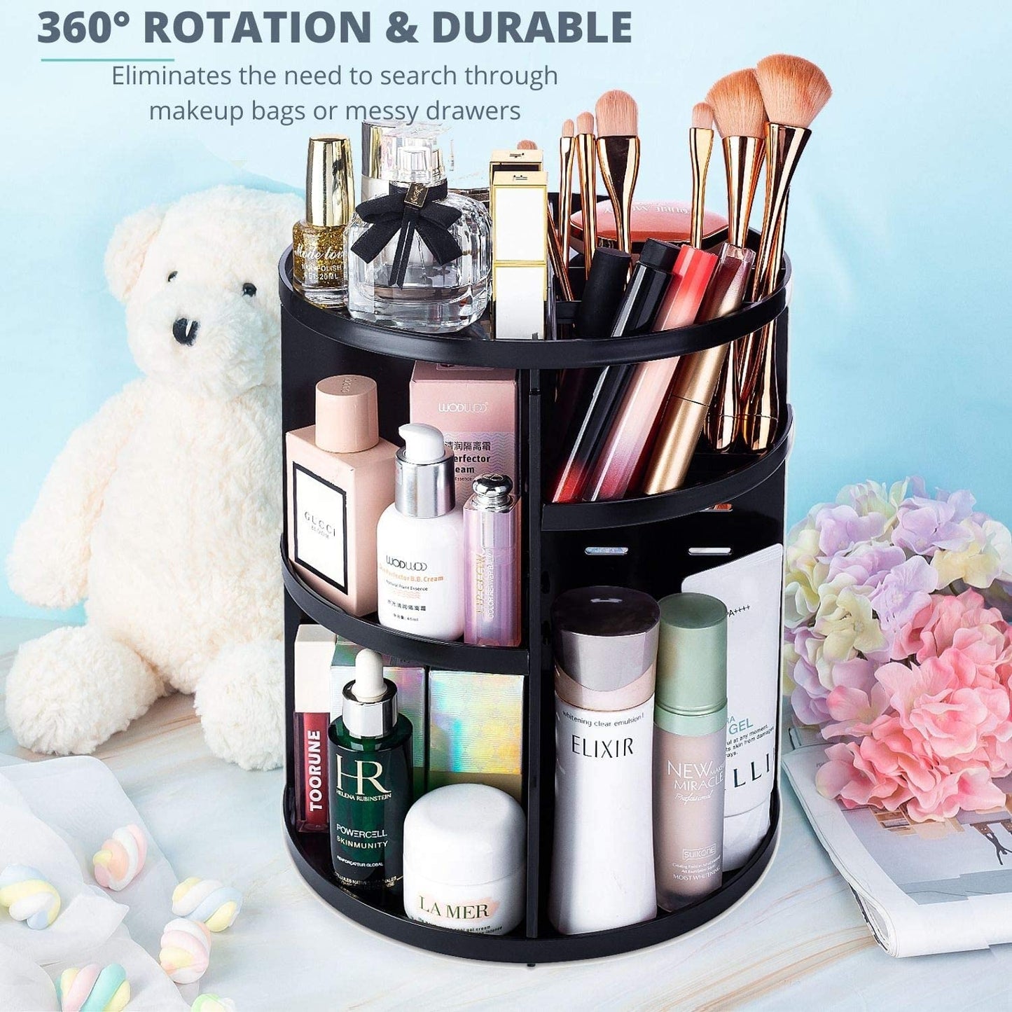 360° Rotating Makeup Organizer – Adjustable, Durable & Spacious